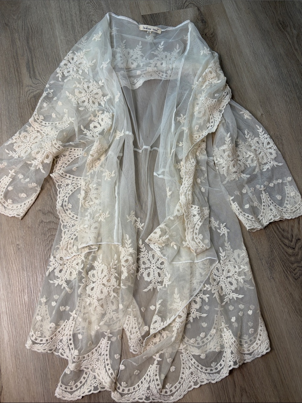 Indigo Soul Ivory Lace Embroidered Cardigan coverup size large boho festival